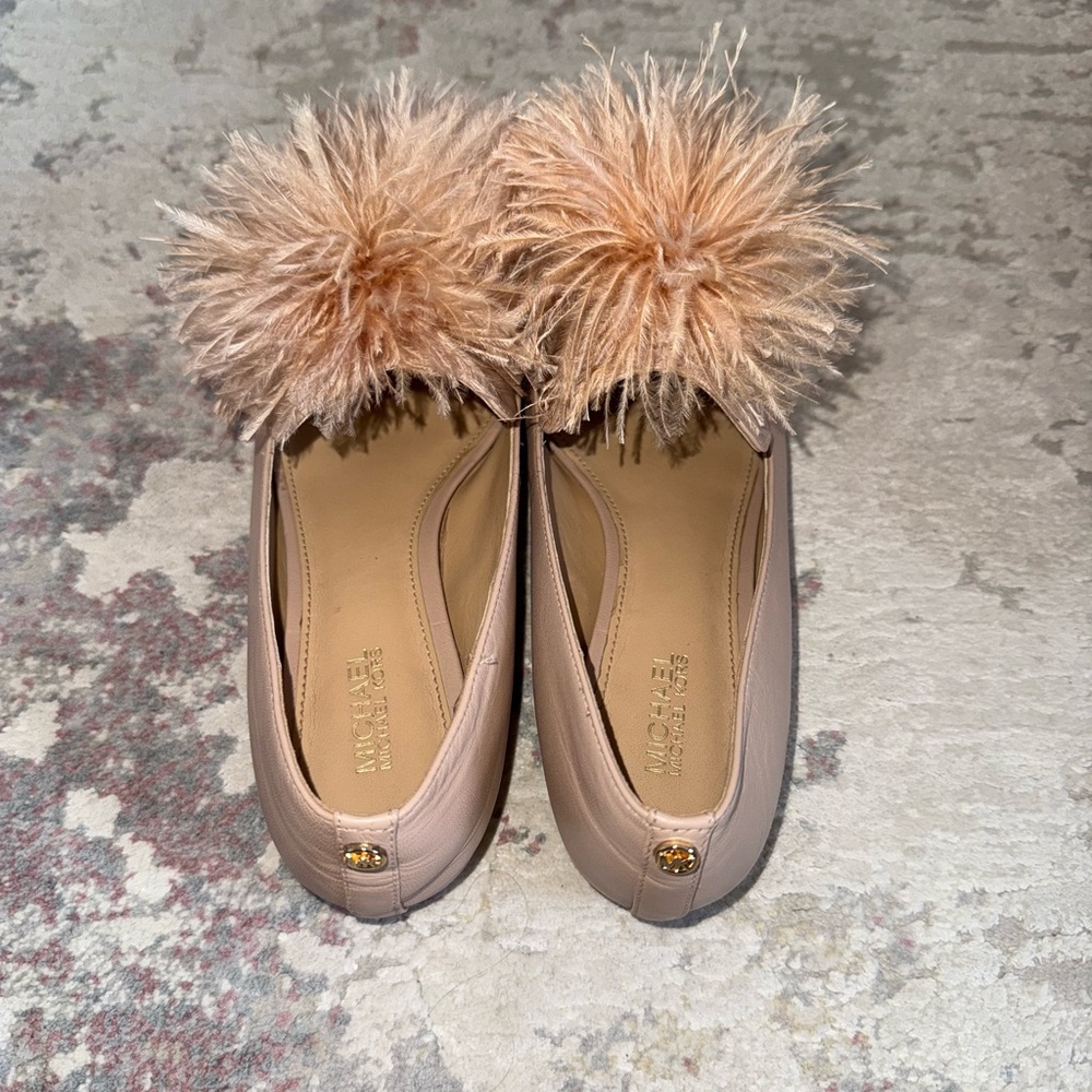 Michael Kors Tan/Light Pink Mules with Whimsical Pom-Poms